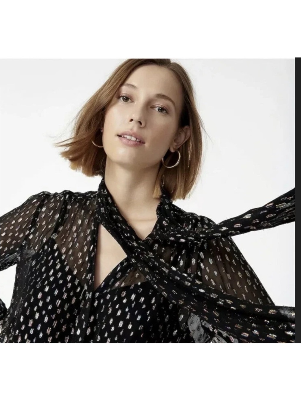 J. Crew Black Sheer Tie-Neck Blouse with Metallic Dot Print